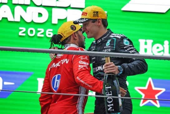 (L to R): third placed Lewis Hamilton (GBR) Scuderia Ferrari celebrates with second placed George Russell (GBR) Mercedes AMG Formula One Team on the podium.
15.03.2026. Formula 1 World Championship, Rd 2, Chinese Grand Prix, Shanghai, China, Race Day.
- www.xpbimages.com, EMail: requests@xpbimages.com © Copyright: Moy / XPB Images