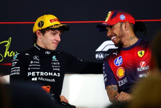 (L to R): Andrea Kimi Antonelli (ITA) Mercedes AMG Formula One Team and Lewis Hamilton (GBR) Scuderia Ferrari in the post race FIA Press Conference.
15.03.2026. Formula 1 World Championship, Rd 2, Chinese Grand Prix, Shanghai, China, Race Day.
- www.xpbimages.com, EMail: requests@xpbimages.com © Copyright: Bearne / XPB Images