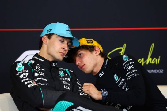 (L to R): George Russell (GBR) Mercedes AMG Formula One Team and Andrea Kimi Antonelli (ITA) Mercedes AMG Formula One Team in the post race FIA Press Conference.
15.03.2026. Formula 1 World Championship, Rd 2, Chinese Grand Prix, Shanghai, China, Race Day.
- www.xpbimages.com, EMail: requests@xpbimages.com © Copyright: Bearne / XPB Images