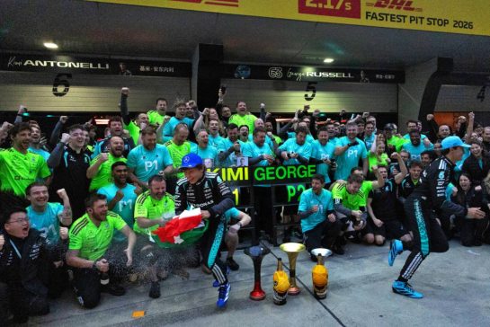 (L to R): Race winner Andrea Kimi Antonelli (ITA) Mercedes AMG Formula One Team and second placed George Russell (GBR) Mercedes AMG Formula One Team celebrate with the team.
15.03.2026. Formula 1 World Championship, Rd 2, Chinese Grand Prix, Shanghai, China, Race Day.
- www.xpbimages.com, EMail: requests@xpbimages.com © Copyright: Denny / XPB Images