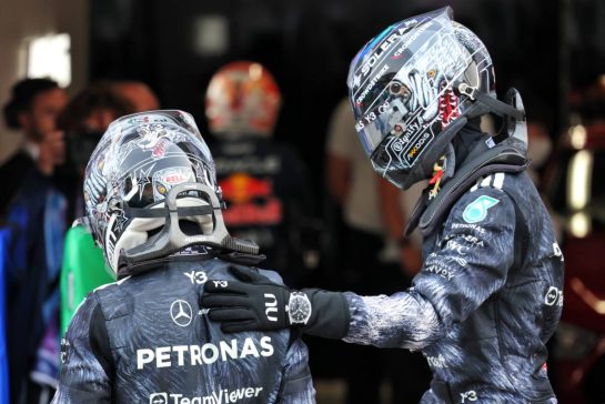 (L to R): Andrea Kimi Antonelli (ITA) Mercedes AMG Formula One Team celebrates his pole position in qualifying parc ferme with second placed team mate George Russell (GBR) Mercedes AMG Formula One Team.
28.03.2026. Formula 1 World Championship, Rd 3, Japanese Grand Prix, Suzuka, Japan, Qualifying Day.
- www.xpbimages.com, EMail: requests@xpbimages.com © Copyright: Batchelor / XPB Images