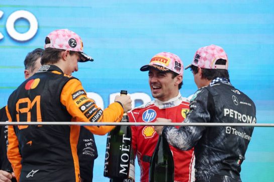 (L to R): second placd Oscar Piastri (AUS) McLaren F1 Team celebrates on the podium with Giacomo Tortora (ITA) Mercedes AMG F1 Formula One Team Director of Car Design; third placed Charles Leclerc (MON) Scuderia Ferrari and race winner Andrea Kimi Antonelli (ITA) Mercedes AMG Formula One Team.
29.03.2026. Formula 1 World Championship, Rd 3, Japanese Grand Prix, Suzuka, Japan, Race Day.
- www.xpbimages.com, EMail: requests@xpbimages.com © Copyright: Bearne / XPB Images