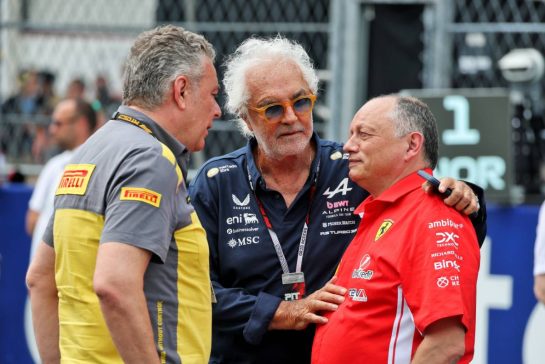(L to R): Mario Isola (ITA) Pireli with Flavio Briatore (ITA) Alpine F1 Team Executive Advisor and Frederic Vasseur (FRA) Scuderia Ferrari Team Principal on the grid.
02.05.2026. Formula 1 World Championship, Rd 4, Miami Grand Prix, Miami, Florida, USA, Sprint and Qualifying Day.
- www.xpbimages.com, EMail: requests@xpbimages.com © Copyright: Moy / XPB Images