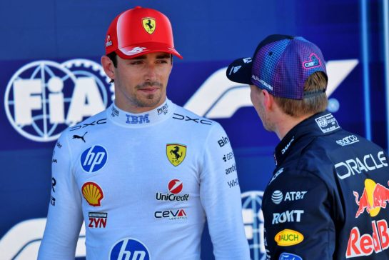 (L to R): Charles Leclerc (MON) Scuderia Ferrari and Max Verstappen (NLD) Red Bull Racing in qualifying parc ferme.
02.05.2026. Formula 1 World Championship, Rd 4, Miami Grand Prix, Miami, Florida, USA, Sprint and Qualifying Day.
- www.xpbimages.com, EMail: requests@xpbimages.com © Copyright: Batchelor / XPB Images