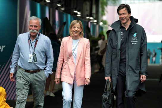 (L to R): Chase Carey (USA) Liberty Media Executive Committee Board Member with Susie Wolff (GBR) F1 Academy Managing Director and Toto Wolff (GER) Mercedes AMG Formula One Team Shareholder and Executive Director.
03.05.2026. Formula 1 World Championship, Rd 4, Miami Grand Prix, Miami, Florida, USA, Race Day.
- www.xpbimages.com, EMail: requests@xpbimages.com © Copyright: Moy / XPB Images