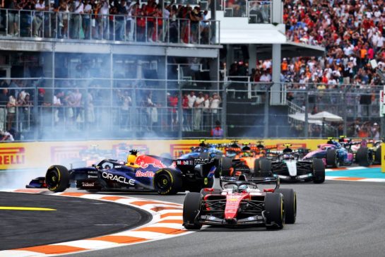 Charles Leclerc (MON) Scuderia Ferrari SF-26 leads at the start of the race as Max Verstappen (NLD) Red Bull Racing RB22 spins.
03.05.2026. Formula 1 World Championship, Rd 4, Miami Grand Prix, Miami, Florida, USA, Race Day.
- www.xpbimages.com, EMail: requests@xpbimages.com © Copyright: Patching / XPB Images