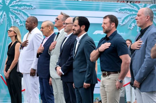 Mohammed Bin Sulayem (UAE) FIA President and Stefano Domenicali (ITA) Formula One President and CEO with dignitaries on the grid.
03.05.2026. Formula 1 World Championship, Rd 4, Miami Grand Prix, Miami, Florida, USA, Race Day.
- www.xpbimages.com, EMail: requests@xpbimages.com © Copyright: Moy / XPB Images