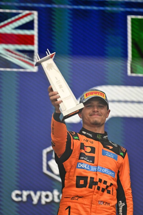 Lando Norris (GBR) McLaren F1 Team celebrates his second position on the podium.
03.05.2026. Formula 1 World Championship, Rd 4, Miami Grand Prix, Miami, Florida, USA, Race Day.
- www.xpbimages.com, EMail: requests@xpbimages.com © Copyright: Price / XPB Images