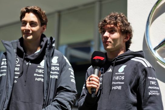 (L to R): George Russell (GBR) Mercedes AMG Formula One Team and Andrea Kimi Antonelli (ITA) Mercedes AMG Formula One Team.
21.05.2026. Formula 1 World Championship, Rd 5, Canadian Grand Prix, Montreal, Canada, Preparation Day.
- www.xpbimages.com, EMail: requests@xpbimages.com © Copyright: Dunbar / XPB Images