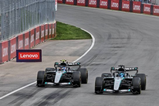 George Russell (GBR) Mercedes AMG Formula One Team W17 and Andrea Kimi Antonelli (ITA) Mercedes AMG Formula One Team W17 battle for the lead of the Sprint race.
23.05.2026. Formula 1 World Championship, Rd 5, Canadian Grand Prix, Montreal, Canada, Sprint and Qualifying Day.
- www.xpbimages.com, EMail: requests@xpbimages.com © Copyright: Moy / XPB Images