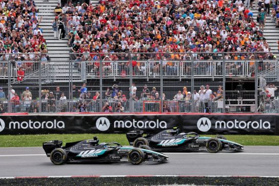George Russell (GBR) Mercedes AMG Formula One Team W17 and Andrea Kimi Antonelli (ITA) Mercedes AMG Formula One Team W17 battle for the lead of the Sprint race.
23.05.2026. Formula 1 World Championship, Rd 5, Canadian Grand Prix, Montreal, Canada, Sprint and Qualifying Day.
- www.xpbimages.com, EMail: requests@xpbimages.com © Copyright: Moy / XPB Images