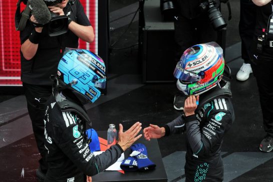 (L to R): Race winner George Russell (GBR) Mercedes AMG Formula One Team celebrates in Sprint parc ferme with third placed team mate Andrea Kimi Antonelli (ITA) Mercedes AMG Formula One Team.
23.05.2026. Formula 1 World Championship, Rd 5, Canadian Grand Prix, Montreal, Canada, Sprint and Qualifying Day.
- www.xpbimages.com, EMail: requests@xpbimages.com © Copyright: Moy / XPB Images