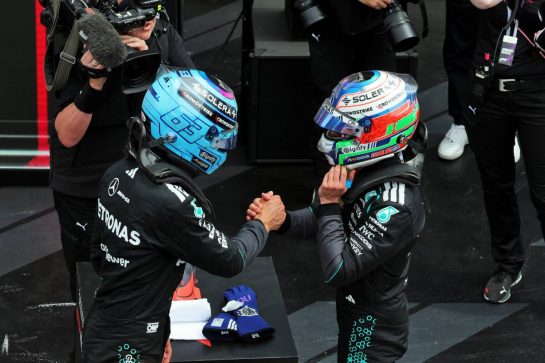 (L to R): Race winner George Russell (GBR) Mercedes AMG Formula One Team celebrates in Sprint parc ferme with third placed team mate Andrea Kimi Antonelli (ITA) Mercedes AMG Formula One Team.
23.05.2026. Formula 1 World Championship, Rd 5, Canadian Grand Prix, Montreal, Canada, Sprint and Qualifying Day.
- www.xpbimages.com, EMail: requests@xpbimages.com © Copyright: Moy / XPB Images