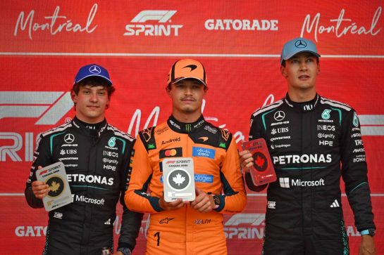 Sprint top three in parc ferme (L to R): Andrea Kimi Antonelli (ITA) Mercedes AMG Formula One Team, third; Lando Norris (GBR) McLaren F1 Team, second; George Russell (GBR) Mercedes AMG Formula One Team, race winner.
23.05.2026. Formula 1 World Championship, Rd 5, Canadian Grand Prix, Montreal, Canada, Sprint and Qualifying Day.
- www.xpbimages.com, EMail: requests@xpbimages.com © Copyright: Price / XPB Images
