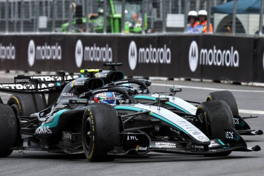 Andrea Kimi Antonelli (ITA) Mercedes AMG Formula One Team W17 and team mate George Russell (GBR) Mercedes AMG Formula One Team W17 battle for position.
23.05.2026. Formula 1 World Championship, Rd 5, Canadian Grand Prix, Montreal, Canada, Sprint and Qualifying Day.
- www.xpbimages.com, EMail: requests@xpbimages.com © Copyright: Charniaux / XPB Images
