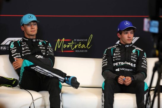 (L to R): George Russell (GBR) Mercedes AMG Formula One Team and team mate Andrea Kimi Antonelli (ITA) Mercedes AMG Formula One Team in the post Sprint FIA Press Conference.
23.05.2026. Formula 1 World Championship, Rd 5, Canadian Grand Prix, Montreal, Canada, Sprint and Qualifying Day.
- www.xpbimages.com, EMail: requests@xpbimages.com © Copyright: Moy / XPB Images