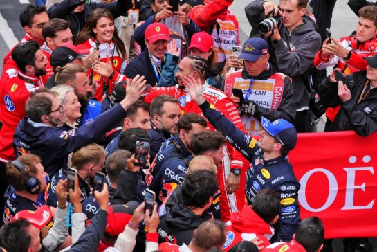 Max Verstappen (NLD) Red Bull Racing celebrates his third position and Lewis Hamilton (GBR) Scuderia Ferrari celebrates his second position with the teams in parc ferme.
24.05.2026. Formula 1 World Championship, Rd 5, Canadian Grand Prix, Montreal, Canada, Race Day.
- www.xpbimages.com, EMail: requests@xpbimages.com © Copyright: Moy / XPB Images