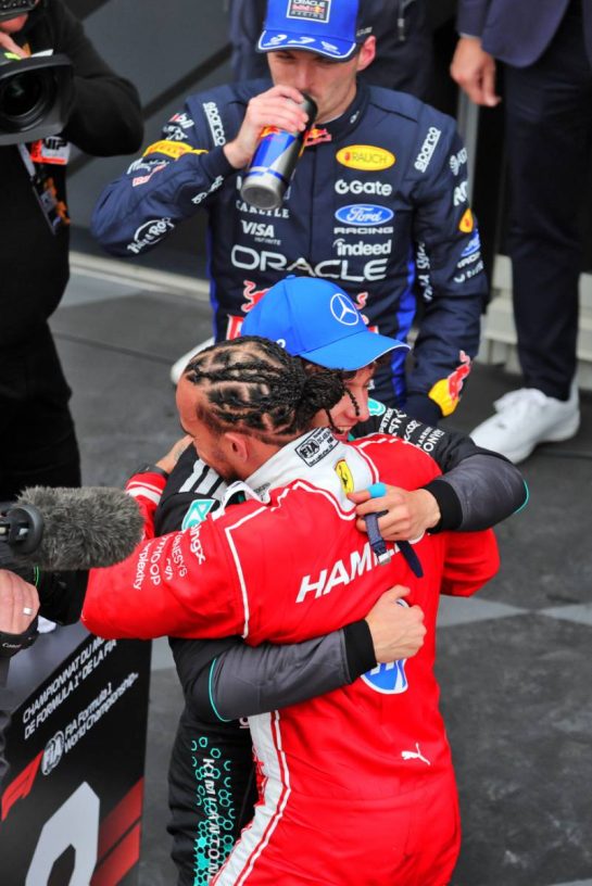 (L to R): Race winner Andrea Kimi Antonelli (ITA) Mercedes AMG Formula One Team celebrates with second placed Lewis Hamilton (GBR) Scuderia Ferrari in parc ferme.
24.05.2026. Formula 1 World Championship, Rd 5, Canadian Grand Prix, Montreal, Canada, Race Day.
- www.xpbimages.com, EMail: requests@xpbimages.com © Copyright: Moy / XPB Images