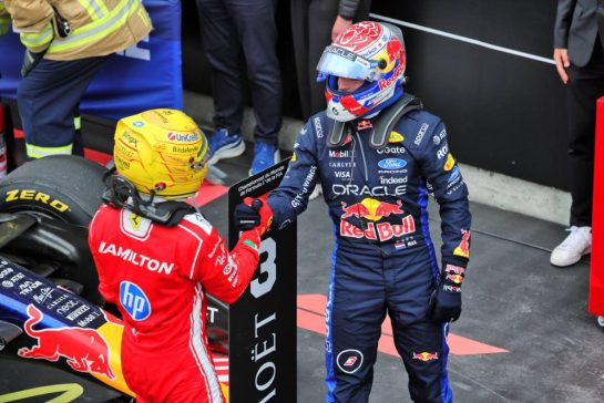 (L to R): Lewis Hamilton (GBR) Scuderia Ferrari celebrates his second position with third placed Max Verstappen (NLD) Red Bull Racing in parc ferme.
24.05.2026. Formula 1 World Championship, Rd 5, Canadian Grand Prix, Montreal, Canada, Race Day.
- www.xpbimages.com, EMail: requests@xpbimages.com © Copyright: Moy / XPB Images