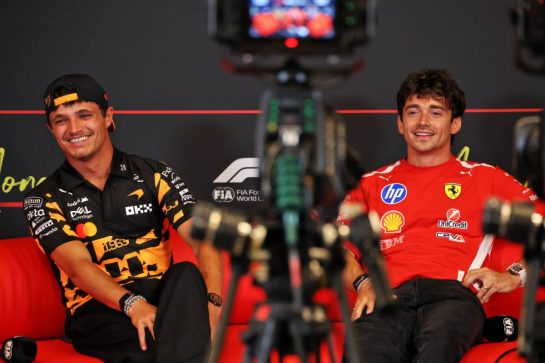 (L to R): Lando Norris (GBR) McLaren F1 Team and Charles Leclerc (MON) Scuderia Ferrari in the FIA Press Conference.
04.06.2026. Formula 1 World Championship, Rd 6, Monaco Grand Prix, Monte Carlo, Monaco, Preparation Day.
- www.xpbimages.com, EMail: requests@xpbimages.com © Copyright: Rew / XPB Images