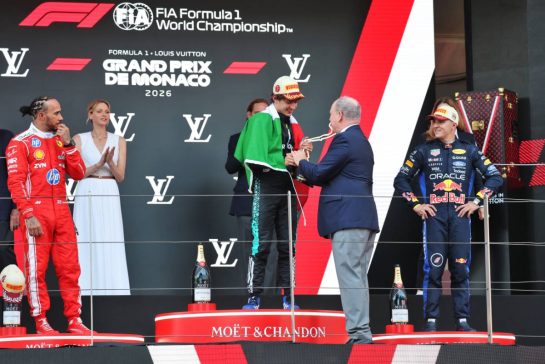 The podium (L to R): Lewis Hamilton (GBR) Scuderia Ferrari, second; Andrea Kimi Antonelli (ITA) Mercedes AMG Formula One Team, race winner; Isack Hadjar (FRA) Red Bull Racing, third.
07.06.2026. Formula 1 World Championship, Rd 6, Monaco Grand Prix, Monte Carlo, Monaco, Race Day.
- www.xpbimages.com, EMail: requests@xpbimages.com © Copyright: Charniaux / XPB Images