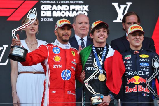 The podium (L to R): Lewis Hamilton (GBR) Scuderia Ferrari, second; Andrea Kimi Antonelli (ITA) Mercedes AMG Formula One Team, race winner; Isack Hadjar (FRA) Red Bull Racing, third.
07.06.2026. Formula 1 World Championship, Rd 6, Monaco Grand Prix, Monte Carlo, Monaco, Race Day.
- www.xpbimages.com, EMail: requests@xpbimages.com © Copyright: Charniaux / XPB Images