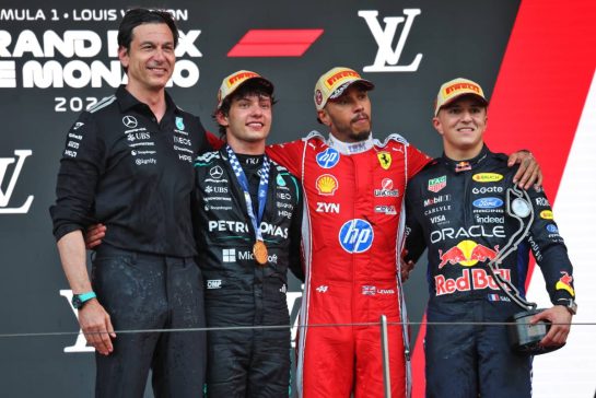 The podium (L to R): Toto Wolff (GER) Mercedes AMG Formula One Team Shareholder and Executive Director; Lewis Hamilton (GBR) Scuderia Ferrari, second; Andrea Kimi Antonelli (ITA) Mercedes AMG Formula One Team, race winner; Isack Hadjar (FRA) Red Bull Racing, third.
07.06.2026. Formula 1 World Championship, Rd 6, Monaco Grand Prix, Monte Carlo, Monaco, Race Day.
- www.xpbimages.com, EMail: requests@xpbimages.com © Copyright: Charniaux / XPB Images