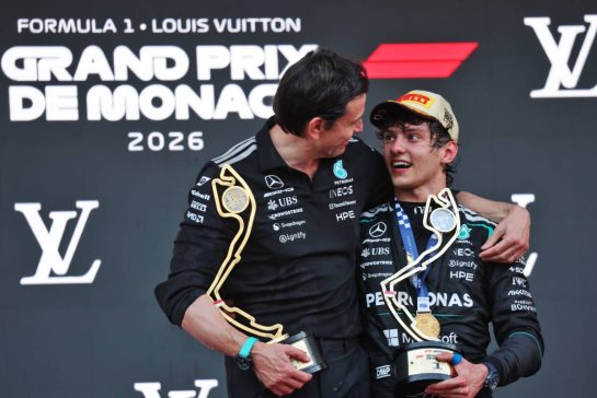 (L to R): Toto Wolff (GER) Mercedes AMG Formula One Team Shareholder and Executive Director celebrates on the podium with race winner Andrea Kimi Antonelli (ITA) Mercedes AMG Formula One Team.
07.06.2026. Formula 1 World Championship, Rd 6, Monaco Grand Prix, Monte Carlo, Monaco, Race Day.
- www.xpbimages.com, EMail: requests@xpbimages.com © Copyright: Charniaux / XPB Images