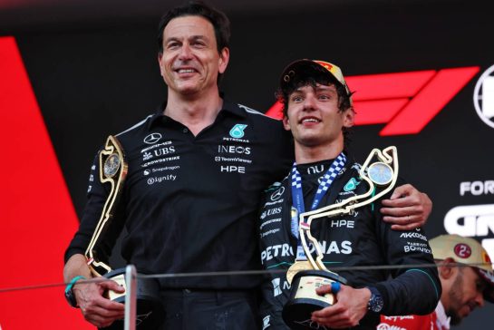 (L to R): Toto Wolff (GER) Mercedes AMG Formula One Team Shareholder and Executive Director celebrates on the podium with race winner Andrea Kimi Antonelli (ITA) Mercedes AMG Formula One Team.
07.06.2026. Formula 1 World Championship, Rd 6, Monaco Grand Prix, Monte Carlo, Monaco, Race Day.
- www.xpbimages.com, EMail: requests@xpbimages.com © Copyright: Rew / XPB Images