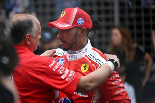 (L to R): Frederic Vasseur (FRA) Scuderia Ferrari Team Principal celebrates with second placed Lewis Hamilton (GBR) Scuderia Ferrari in parc ferme.
07.06.2026. Formula 1 World Championship, Rd 6, Monaco Grand Prix, Monte Carlo, Monaco, Race Day.
- www.xpbimages.com, EMail: requests@xpbimages.com © Copyright: Price / XPB Images