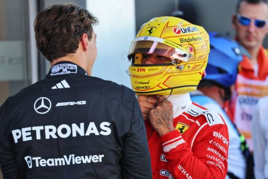 Second placed Lewis Hamilton (GBR) Scuderia Ferrari in qualifying parc ferme with pole sitter George Russell (GBR) Mercedes AMG Formula One Team.
13.06.2026. Formula 1 World Championship, Rd 7, Barcelona-Catalunya Grand Prix, Barcelona, Spain, Qualifying Day.
- www.xpbimages.com, EMail: requests@xpbimages.com © Copyright: Batchelor / XPB Images
