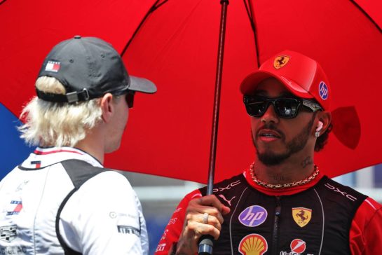 Lewis Hamilton (GBR) Scuderia Ferrari with Valtteri Bottas (FIN) Cadillac Formula 1 Team on the drivers' parade.
14.06.2026. Formula 1 World Championship, Rd 7, Barcelona-Catalunya Grand Prix, Barcelona, Spain, Race Day.
- www.xpbimages.com, EMail: requests@xpbimages.com © Copyright: Charniaux / XPB Images
