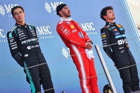 The podium (L to R): George Russell (GBR) Mercedes AMG Formula One Team, second; Lewis Hamilton (GBR) Scuderia Ferrari, race winner; Lando Norris (GBR) McLaren F1 Team, third.
14.06.2026. Formula 1 World Championship, Rd 7, Barcelona-Catalunya Grand Prix, Barcelona, Spain, Race Day.
- www.xpbimages.com, EMail: requests@xpbimages.com © Copyright: Charniaux / XPB Images