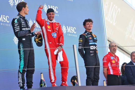 The podium (L to R): George Russell (GBR) Mercedes AMG Formula One Team, second; Lewis Hamilton (GBR) Scuderia Ferrari, race winner; Lando Norris (GBR) McLaren F1 Team, third.
14.06.2026. Formula 1 World Championship, Rd 7, Barcelona-Catalunya Grand Prix, Barcelona, Spain, Race Day.
- www.xpbimages.com, EMail: requests@xpbimages.com © Copyright: Charniaux / XPB Images
