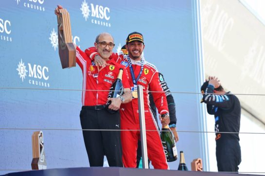 Race winner Lewis Hamilton (GBR) Scuderia Ferrari celebrates on the podium with Carlo Santi (ITA) Scuderia Ferrari Race Engineer.
14.06.2026. Formula 1 World Championship, Rd 7, Barcelona-Catalunya Grand Prix, Barcelona, Spain, Race Day.
- www.xpbimages.com, EMail: requests@xpbimages.com © Copyright: Charniaux / XPB Images