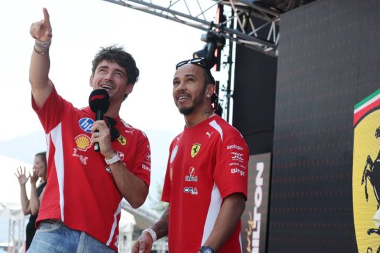 (L to R): Charles Leclerc (MON) Scuderia Ferrari and Lewis Hamilton (GBR) Scuderia Ferrari on the FanZone Stage.
26.06.2026. Formula 1 World Championship, Rd 8, Austrian Grand Prix, Spielberg, Austria, Practice Day.
- www.xpbimages.com, EMail: requests@xpbimages.com © Copyright: Moy / XPB Images