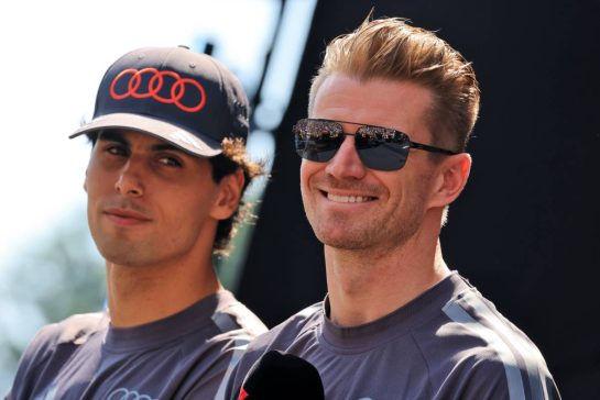 Nico Hulkenberg (GER) Audi F1 Team (Centre) with team mate Gabriel Bortoleto (BRA) Audi F1 Team (Left) on the FanZone Stage.
27.06.2026. Formula 1 World Championship, Rd 8, Austrian Grand Prix, Spielberg, Austria, Qualifying Day.
- www.xpbimages.com, EMail: requests@xpbimages.com © Copyright: Moy / XPB Images