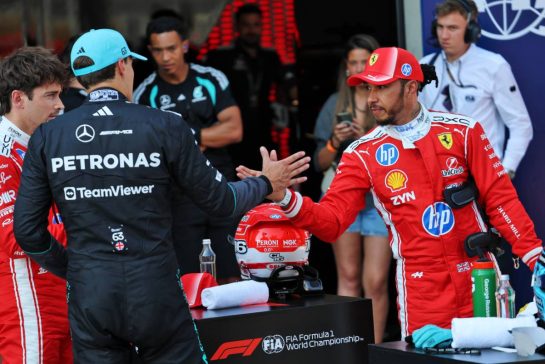 (L to R): Charles Leclerc (MON) Scuderia Ferrari with George Russell (GBR) Mercedes AMG Formula One Team and Lewis Hamilton (GBR) Scuderia Ferrari in qualifying parc ferme.
27.06.2026. Formula 1 World Championship, Rd 8, Austrian Grand Prix, Spielberg, Austria, Qualifying Day.
- www.xpbimages.com, EMail: requests@xpbimages.com © Copyright: Batchelor / XPB Images