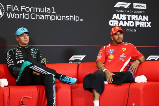 (L to R): George Russell (GBR) Mercedes AMG Formula One Team; and Lewis Hamilton (GBR) Scuderia Ferrari, in the post qualifying FIA Press Conference.
27.06.2026. Formula 1 World Championship, Rd 8, Austrian Grand Prix, Spielberg, Austria, Qualifying Day.
- www.xpbimages.com, EMail: requests@xpbimages.com © Copyright: Bearne / XPB Images