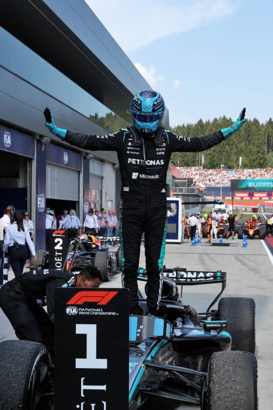 Race winner George Russell (GBR) Mercedes AMG Formula One Team W17 celebrates in parc ferme.
28.06.2026. Formula 1 World Championship, Rd 8, Austrian Grand Prix, Spielberg, Austria, Race Day.
- www.xpbimages.com, EMail: requests@xpbimages.com © Copyright: Bearne / XPB Images