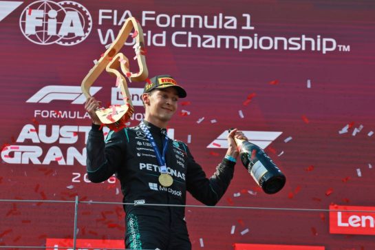 Race winner George Russell (GBR) Mercedes AMG Formula One Team celebrates on the podium.
28.06.2026. Formula 1 World Championship, Rd 8, Austrian Grand Prix, Spielberg, Austria, Race Day.
- www.xpbimages.com, EMail: requests@xpbimages.com © Copyright: Moy / XPB Images