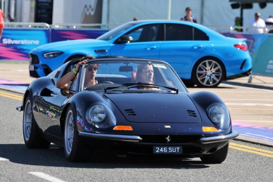 (L to R): Oliver Bearman (GBR) Haas F1 Team arrives at the paddock with his girlfriend Alicia Torriani in a Ferrari Dino 246 GT.
02.07.2026. Formula 1 World Championship, Rd 9, British Grand Prix, Silverstone, England, Preparation Day.
- www.xpbimages.com, EMail: requests@xpbimages.com © Copyright: Moy / XPB Images