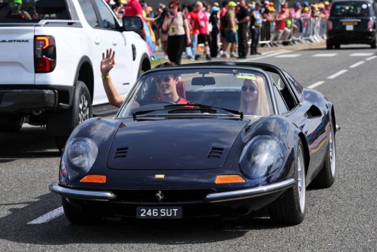 (L to R): Oliver Bearman (GBR) Haas F1 Team arrives at the paddock with his girlfriend Alicia Torriani in a Ferrari Dino 246 GT.
03.07.2026. Formula 1 World Championship, Rd 9, British Grand Prix, Silverstone, England, Sprint Qualifying Day.
- www.xpbimages.com, EMail: requests@xpbimages.com © Copyright: Moy / XPB Images