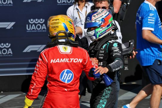 (L to R): Lewis Hamilton (GBR) Scuderia Ferrari celebrates his pole position in Sprint qualifying parc ferme with second placed Andrea Kimi Antonelli (ITA) Mercedes AMG Formula One Team.
03.07.2026. Formula 1 World Championship, Rd 9, British Grand Prix, Silverstone, England, Sprint Qualifying Day.
- www.xpbimages.com, EMail: requests@xpbimages.com © Copyright: Batchelor / XPB Images