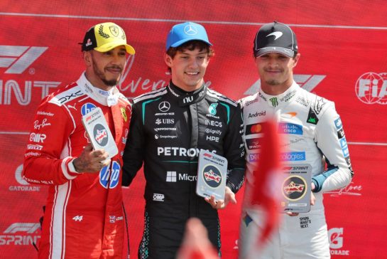 Sprint top three in parc ferme (L to R): Lewis Hamilton (GBR) Scuderia Ferrari, second; Andrea Kimi Antonelli (ITA) Mercedes AMG Formula One Team, race winner; Lando Norris (GBR) McLaren F1 Team, third.
04.07.2026. Formula 1 World Championship, Rd 9, British Grand Prix, Silverstone, England, Sprint and Qualifying Day.
- www.xpbimages.com, EMail: requests@xpbimages.com © Copyright: Moy / XPB Images