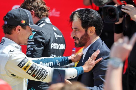(L to R): Lando Norris (GBR) McLaren F1 Team in Sprint parc ferme with Mohammed Bin Sulayem (UAE) FIA President.
04.07.2026. Formula 1 World Championship, Rd 9, British Grand Prix, Silverstone, England, Sprint and Qualifying Day.
- www.xpbimages.com, EMail: requests@xpbimages.com © Copyright: Moy / XPB Images