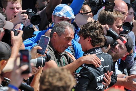 Race winner Andrea Kimi Antonelli (ITA) Mercedes AMG Formula One Team celebrates in Sprint parc ferme with his father Marco Antonelli (ITA).
04.07.2026. Formula 1 World Championship, Rd 9, British Grand Prix, Silverstone, England, Sprint and Qualifying Day.
- www.xpbimages.com, EMail: requests@xpbimages.com © Copyright: Moy / XPB Images