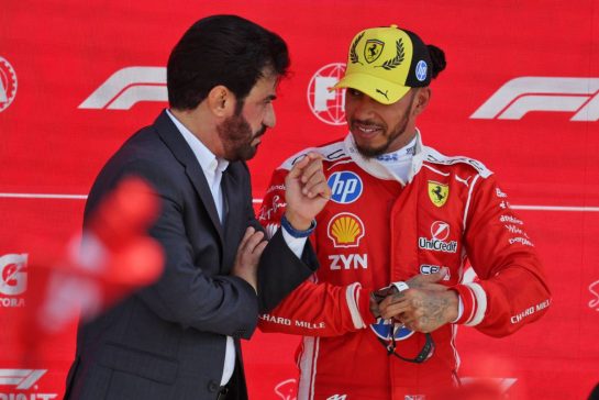 (L to R): Mohammed Bin Sulayem (UAE) FIA President with second placed Lewis Hamilton (GBR) Scuderia Ferrari in Sprint parc ferme.
04.07.2026. Formula 1 World Championship, Rd 9, British Grand Prix, Silverstone, England, Sprint and Qualifying Day.
- www.xpbimages.com, EMail: requests@xpbimages.com © Copyright: Moy / XPB Images