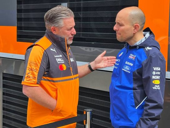 (L to R): Zak Brown (USA) McLaren F1 Team Executive Director with Gianpiero Lambiase (ITA) Red Bull Racing Head of Race Engineering.
04.07.2026. Formula 1 World Championship, Rd 9, British Grand Prix, Silverstone, England, Sprint and Qualifying Day.
- www.xpbimages.com, EMail: requests@xpbimages.com © Copyright: XPB Images