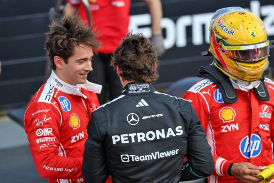 (L to R): Charles Leclerc (MON) Scuderia Ferrari with Andrea Kimi Antonelli (ITA) Mercedes AMG Formula One Team and Lewis Hamilton (GBR) Scuderia Ferrari in qualifying parc ferme.
04.07.2026. Formula 1 World Championship, Rd 9, British Grand Prix, Silverstone, England, Sprint and Qualifying Day.
- www.xpbimages.com, EMail: requests@xpbimages.com © Copyright: Batchelor / XPB Images